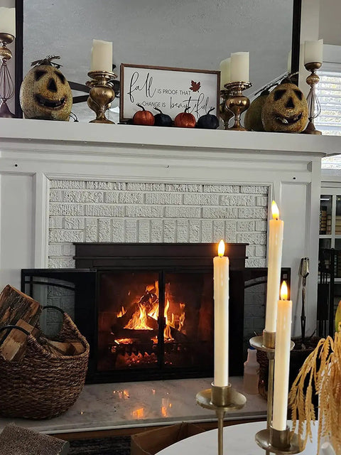Battery Operated Flameless Taper Candles With Remote And Timer, Realistic 3D Flickering Flame on a cozy fireplace mantel scene