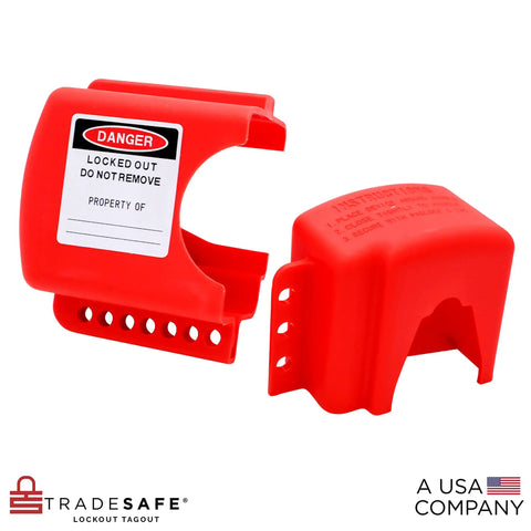 Adjustable Flanged Ball Valve Lockout For Two Inch To Four And One Half Inch Flanges Red Polypropylene Valve Lock For Gas Oil Or Water Lines