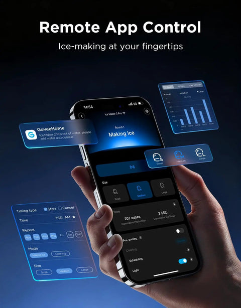 Real Talk Smart Countertop Ice Maker Cranks Out Fresh Ice In Three Minutes with remote app control interface.
