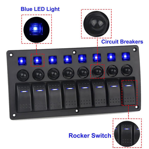 Beefy 8 Gang Boat Rocker Switch Panel Waterproof Marine Panel With LED On Off Switches And Circuit Breakers 12V 24V, front view