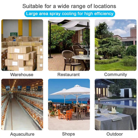 Portable Misting Oscillating Floor Fan With Adjustable Height Casters And 90 Degree Sweep Delivers cool air in various settings including warehouse and outdoor.