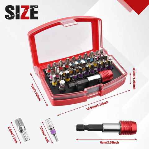 Dope 32-Piece Screwdriver Bit Set For Any Home DIY Job Includes Hex Slotted Phillips Torx Star Security Heads Plus Adapter And Locking Extension To Bust Furniture Assembly Easy.. red case with 32 S2 steel bits, adapter, and locking extension