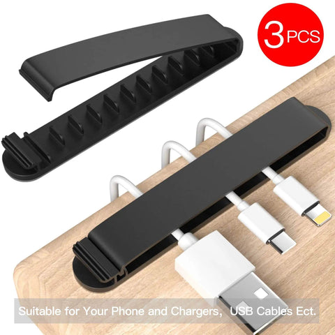 Three Pack Cable Clips Cord Organizer for home office desk and car with eleven slots, installed on desk with cables.