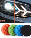 Before and after headlight restoration with 3 Inch Sanding Disc Drill Polishing Kit, buffing sponge pads visible