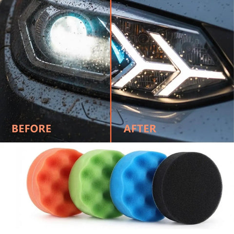 Before and after headlight restoration with 3 Inch Sanding Disc Drill Polishing Kit, buffing sponge pads visible