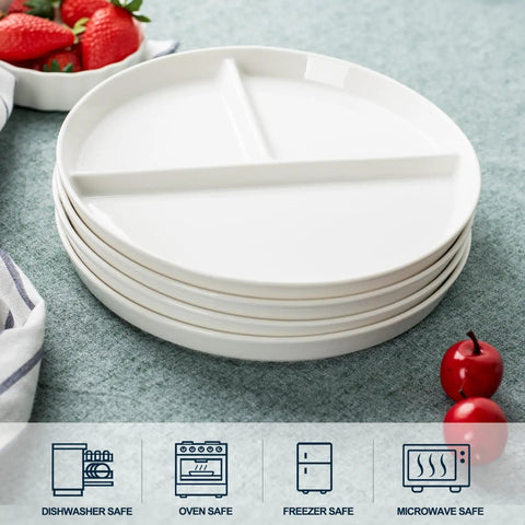 Ten Inch Ceramic Divided Plates Set Of Four With Three Compartments For Balanced Meals Portion Control