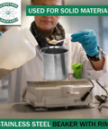 Heavy Duty Stainless Steel Beaker With Pouring Rim Killer Heat Resistance Low Form Lab Vessel Built Tough Chemistry Mixing Cup Ready For Any Lab Grind Super Solid 32 Ml Size in use measuring solid materials.