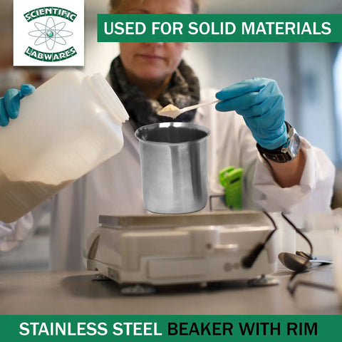 Heavy Duty Stainless Steel Beaker With Pouring Rim Killer Heat Resistance Low Form Lab Vessel Built Tough Chemistry Mixing Cup Ready For Any Lab Grind Super Solid 32 Ml Size in use measuring solid materials.