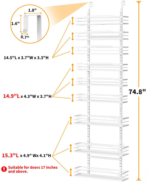 Solid Setup 9 Tier Over The Door Pantry Organizer Built Tough To Store Spices And Jars Straight Up, dimensions and details labeled