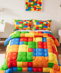 Building Blocks Comforter Set Twin Size With Two Pillow Shams, Vibrant 3D Pattern Microfiber Bedding For Kids Teens Adults, Easy Care Decorative Bedding Set For Bedroom And Cozy Spaces. Twin bed with colorful block-print comforter and shams