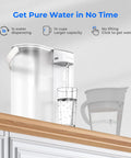 Compact Electric Water Filter Pitcher With A 200-Gallon Rechargeable Dispenser, NSF certified on kitchen counter, water pouring.