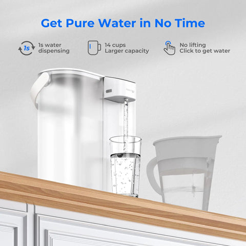 Compact Electric Water Filter Pitcher With A 200-Gallon Rechargeable Dispenser, NSF certified on kitchen counter, water pouring.