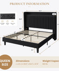 Queen Size Velvet Bed Frame With Storage Headboard And Charging Station Black Upholstered Bookshelf Base dimensions and features.