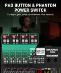 Close-up of 6 Channel Professional Audio Mixer With 320 DSP Effects And 7 Band EQ USB And Bluetooth Connectivity 48V Power Supply PAD Button