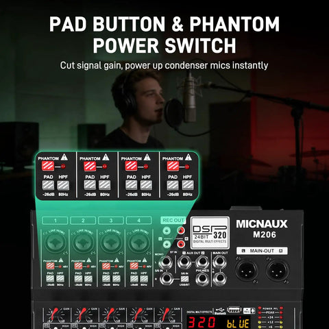 Close-up of 6 Channel Professional Audio Mixer With 320 DSP Effects And 7 Band EQ USB And Bluetooth Connectivity 48V Power Supply PAD Button