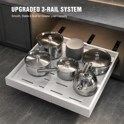 4 Pack White Pull Out Cabinet Organizers 21 Inch Deep Adjustable Width Zero Hassle Drill Free Setup Heavy Duty Tri Rail Sliders Smooth Glide Roll Out Shelves Universal Raised Base For Total Kitchen Storage with pots and plates in a smooth glide organizer.