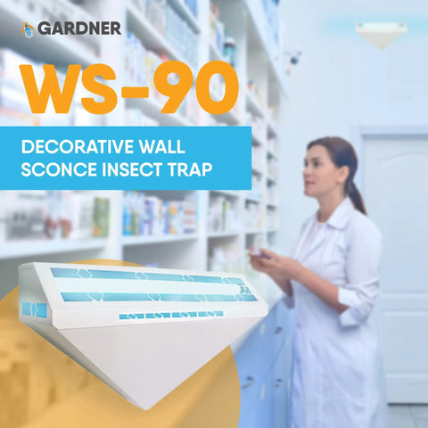 WS 90 Indoor Fly Trap for Restaurants and Healthcare Facilities mounted on wall in pharmacy setting.