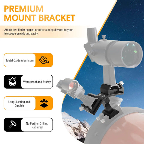Dual Finder Scope Mount Bracket for Telescopes Aluminum Two Base Plates showing no-drill setup and dual install features