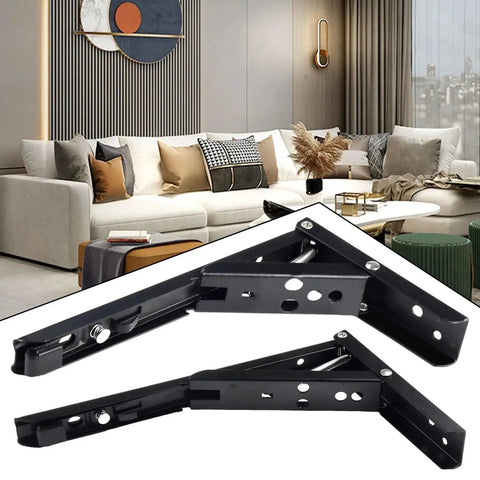 Two Pack Folding Shelf Brackets Black Heavy Duty Steel Collapsible Hinges for Workbench Table or Counter Tools