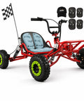 Family Yard Kart 63cc Gas Off Road Go Kart in red with checkered flag, safety gear; features adjustable throttle, suspension, tires.