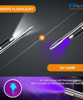 Elitech WJL-6000S freon leak detector: two metal probes, flashlight tip and UV lamp glowing purple.