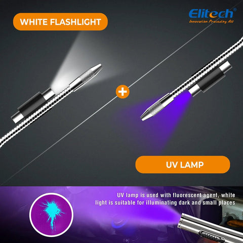 Elitech WJL-6000S freon leak detector: two metal probes, flashlight tip and UV lamp glowing purple.