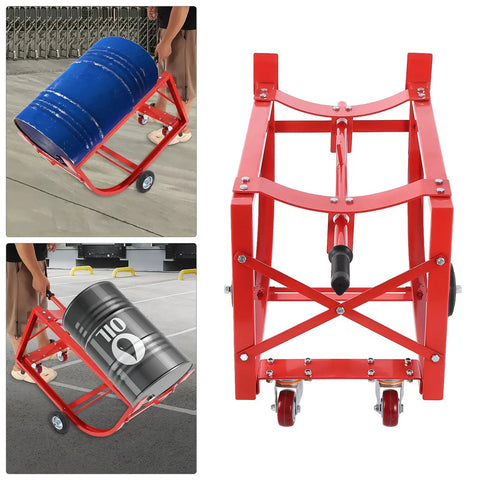 Rock Solid 55 Gallon Drum Cradle Heavy Duty Steel Drum Stand Holds 600 Pounds with lockable casters transporting drums.