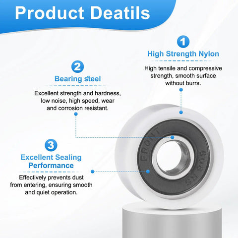 Nylon Ball Bearing Guide Pulleys 8mm By 36mm By 10mm Four Pack With Sealed 608RS Bearings, product details displayed