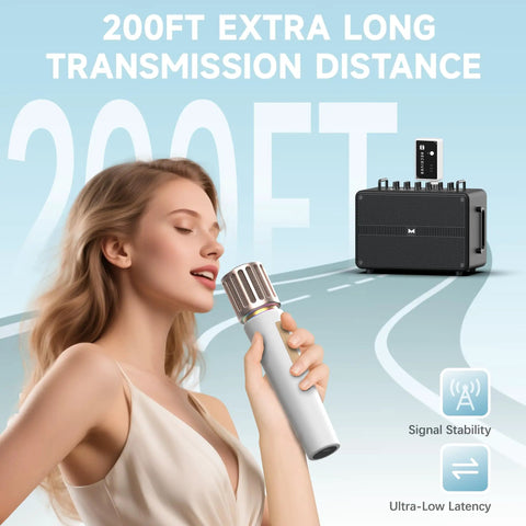 Woman using Wireless Microphone For Singing And Speaking With Ultra Stable 200 Ft Range, 9ms Latency, LED Lights, 40 Hour Battery