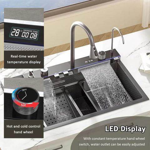 Smart Kitchen Sink with Digital Display, Dual Waterfall Design, Pull-Out Faucet, Pressurized Cup Washer for Modern Kitchens showing LED display and water control.