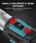 Close-up of Heavy Duty Cordless Metal Shear Electric Scissors showing speed control switch with high/low 2-gear options.
