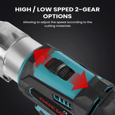 Close-up of Heavy Duty Cordless Metal Shear Electric Scissors showing speed control switch with high/low 2-gear options.