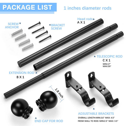 Contents of Heavy Duty 1 Inch Curtain Rod Set With Round Finials, Adjustable From 16 To 60 Inches, Black Finish