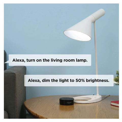 Voice-controlled lamp using Zigbee A19 Daylight LED Light Bulbs, 8 Pack, 60W Equivalent, Hub Required with Alexa commands shown.