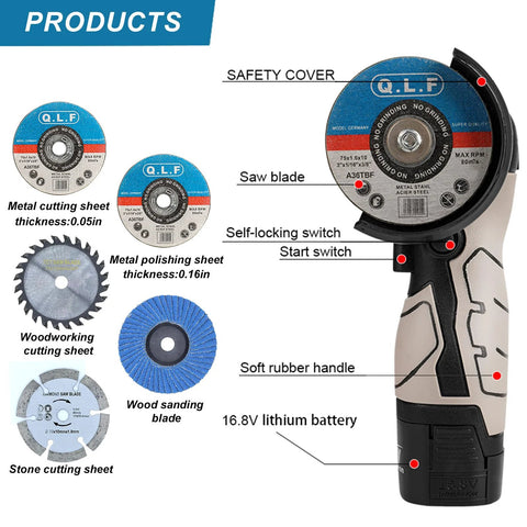 Front view of ZFULVO cordless angle grinder kit (19500rpm) with two 16.8V batteries and five cutting discs.