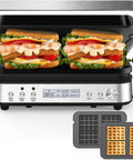 Cattleman 1600W Panini Press Grill And Sandwich Maker With Removable Plates, 6 In 1 Indoor Contact Grill featuring Meat Thermometer cooking sandwiches.