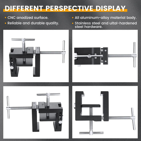 Cabinet Installation Clamp Kit For Easy Face Frame Cabinetry Installations, shown from different angles with metal claws and adjustable guides
