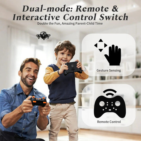 Father and son using Mini Gesture Control Drone For Kids With Remote And Dual Battery Indoor Outdoor RC Aircraft Pocket Size Micro Drone