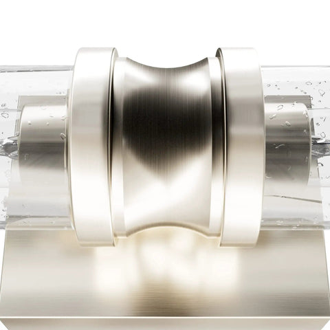 Close-up of Lenlock 2 Light Brushed Nickel Vanity Light dimmable modern style seeded glass shade detail, durable steel construction.