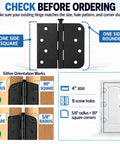6 Pack Matte Black 4 Inch Door Hinges For Exterior Heavy Duty Iron Construction Tough As Nails With Every Screw Needed For Quick Install diagram showing hinge orientation and size options