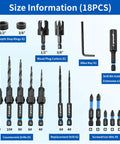 Professional 18 Piece Countersink Drill Bit Set featuring M2 High Speed Steel Tapered Bits and wood plug cutters with size guides.