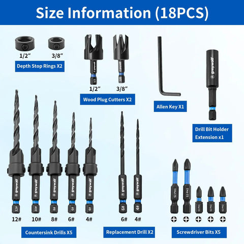 Professional 18 Piece Countersink Drill Bit Set featuring M2 High Speed Steel Tapered Bits and wood plug cutters with size guides.
