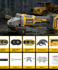 Heavy Duty Cordless Angle Grinder Compatible With Twenty Volt Batteries For Kickass Metal Cutting Grinding And Polishing Smart Ergonomic Grip With Rapid Swap Tech To Crush Daily Worksites And Diy Renovations Smooth with tools and accessories laid out.