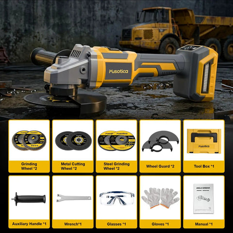 Heavy Duty Cordless Angle Grinder Compatible With Twenty Volt Batteries For Kickass Metal Cutting Grinding And Polishing Smart Ergonomic Grip With Rapid Swap Tech To Crush Daily Worksites And Diy Renovations Smooth with tools and accessories laid out.