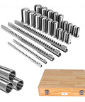 Pro Keyway Broach Kit for Metalworking, 30 Piece Set with 5 Broaches, 18 Bushings, 7 Shims, displayed with wooden case