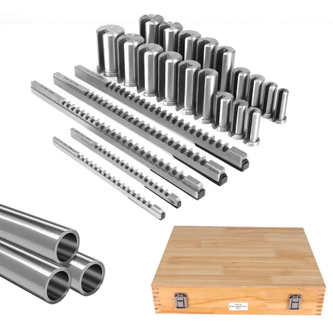 Pro Keyway Broach Kit for Metalworking, 30 Piece Set with 5 Broaches, 18 Bushings, 7 Shims, displayed with wooden case