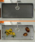 Before and after showing Heavy Duty Stainless Steel Kitchen Sink Grid Protector With Rear Drain Layout And Secure Hole Plug Fits Single Bowl Basins.