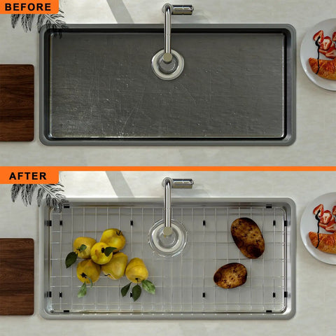 Before and after showing Heavy Duty Stainless Steel Kitchen Sink Grid Protector With Rear Drain Layout And Secure Hole Plug Fits Single Bowl Basins.