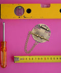 COSMOBETTY 7pcs Vintage Retro Toggle Hasp Latch with Chain for Jewelry Boxes and Collectibles displayed with tools on pink background.
