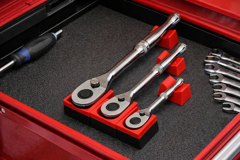Built Tough Magnetic Ratchet Organizer Set, 3-Piece, Holds 1/4 Inch, 3/8 Inch, and 1/2 Inch Ratchets, in a red tool drawer